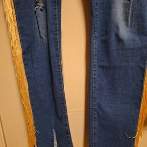 EUC Plus Size Western Jeans with Beige Fringes